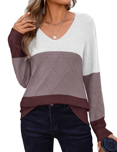 Zeagoo Womens Sweaters Fall 2025 Long Sleeve Knit Pullover V Neck Lightweight Crochet Sweater Tops Dressy Casual