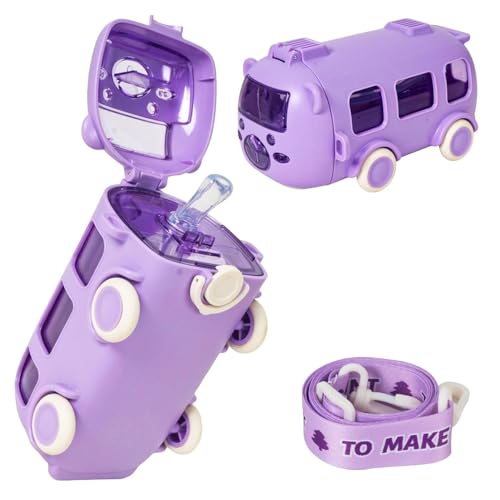 Image of ABS Bus Water Bottle For Kids With Strap, Sipper, & Straw|Leakproof, Bpa Free With Sipper and Lock, 500 Ml| Car Water Bottle For Kids|Cute Bus Shaped Water Bottle For Kids (PURPLE)