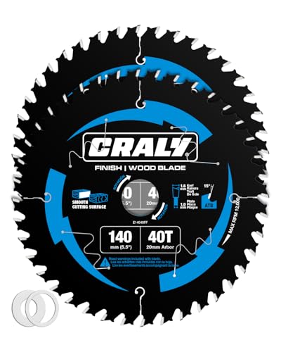 CRALY 140mm 40 Teeth Ultra Fine Finish Wood Cutting Circular Saw Blade, 20mm Arbor, Carbide Tipped, Thin Kerf, Black Ice™ Coating, for Plywood, MDF, OSB, Laminated, 2-Pack(E14040FF-2)
