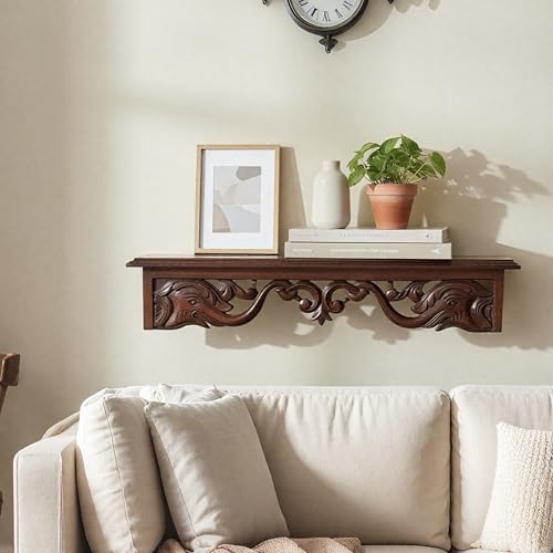 Image of WOODSOME Handcrafted Wooden Wall Bracket Shelf | Decorative Solid Wood Wall Mount Shelf for Living Room, Bedroom, Mandir & Office | Vintage Carved Design | 24 x 5 x 4.5 Inches
