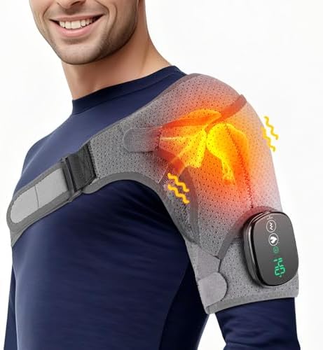 Cordless Shoulder Heating Pad, Heated Shoulder Wrap with 3 Vibration Modes for Men Women Rotator Cuff Pain and Frozen Shoulder (Grey)