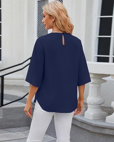 Atxnn Womens Tops 3/4 Sleeve Shirts Chiffon Crew Neck Blouses Pleated Front Tunic Top Loose Fit for Office Work, Navyblue Large - Image 4