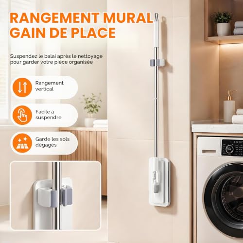 Growalleter Balai plat mains libres avec fixation en un clic, balai multifonction humide et sec pour sols, murs, miroirs et espaces étroits, tête pivotante à 360°, raclette intégrée, rangement mural – vue 8