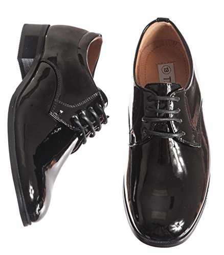 Boys Shiny Black Tuxedo Shoes, Round Toe Style in Infant to Boys Sizes3