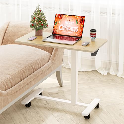 Dripex Pneumatic Height Adjustable Overbed Bedside Table with Wheels, 80 × 40 cm Standing C Shaped Laptop Desk, Small Rolling Bed & Sofa Side Table for Bedroom Living Room (Wood Grain)
