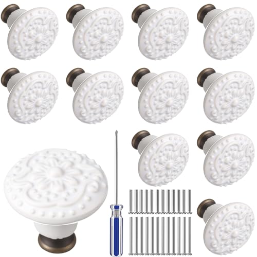 SiliFine 12 Pcs White Ceramic Cabinet Knobs and Pulls, Vintage Knobs