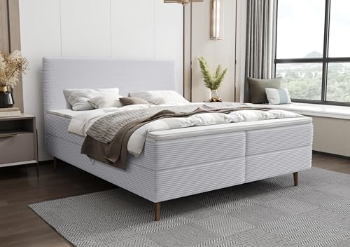 PAMIR24 Boxspringbett mit 2 Bonell-Federkernmatratzen H3, 2 Bettkästen, Polsterbett inkl. Schaumstoff-Topper und Kopfteil NALA (Grau, 140x200cm)