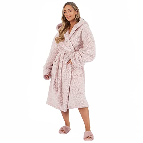 Brentfords Dressing Gown Womens Teddy Marl Mothers Day Gifts Bathrobe with Hood & Pockets Soft Warm Comfy Luxury Oversized Fluffy Ladies Dressing Gowns Blush Pink One Size