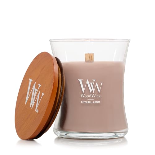 WoodWick Vela Perfumada con Mecha Crepitante | Vela Mediana en Forma de Reloj de Arena Patchouli Crème | Velas de Larga Duración: Hasta 60 Horas | Regalos Perfectos para Mujeres