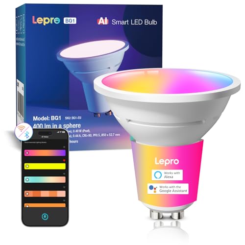 Lepro BG1 AI Bombilla LED Inteligente GU10, Fonciona con Alexa y Google Assistant, Muilticolor RGBCW, Sincronización Música, Bombilla GU10 Control de Voz, Diseñador de Iluminación AI Personalizado