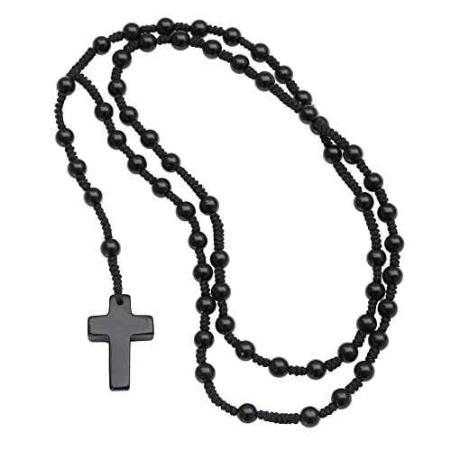 Amogeeli Kristall Kreuz Anhänger mit Schwarzer Achat Stein Rosenkranz Kette für Damen Herren, 6mm Edelstein Gebetskette Katholische Kreuz Halskette Meditation Reiki Schmuck Cover