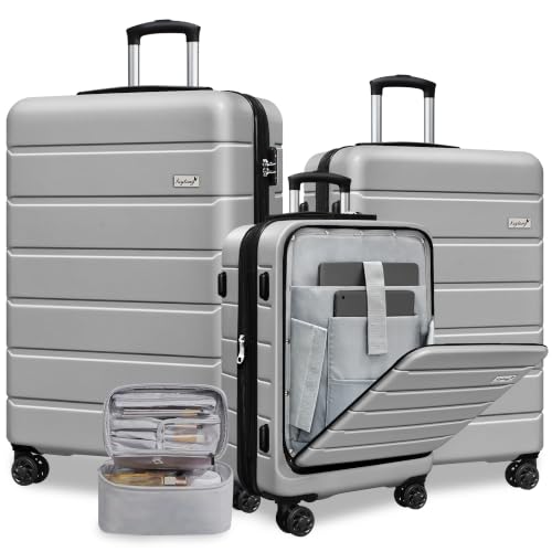 Image of KEYTANG SmileLine 3-Piece Luggage Set Lightweight Hardside Suitcase TSA Lock Spinner Wheels, 20 inch Expandable Carry-On Luggage with Quick Access Front Open Pocket, Bonus Makeup Bag,Silver