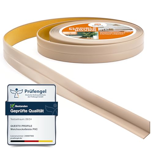 Quest Weichsockelleiste Selbstklebend, Knickleiste, Abschlussleiste für Küche, Badezimmer - Dichtungsband - PVC, Flexibel, Dicht, Dekorativ - 10 mm x 10 mm - 5 Meter, Beige