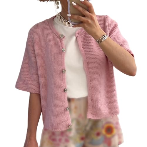 Image of Women Y2k Knitted Crop Cardigan Shirt Short Sleeve Button Down Ribbed Knit Crop Top Outwear Top Tee Shirt