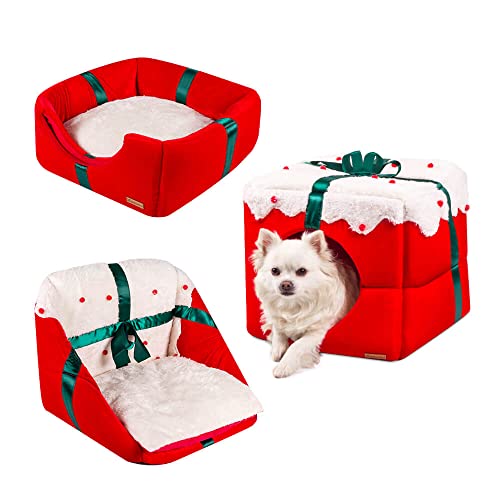 allpetsolutions Christmas Dog Bed | 3-in-1 Foldable Dog/Cat Cave Bed | Xmas Gift For Pets | Soft Cave Red Dog Puppy Bed with Reversible Cushion - 38x38x38cm