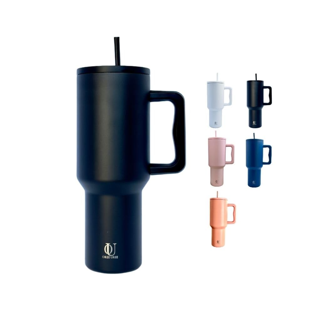 40 Oz Tumbler with Handle and Straw Lid | Double Wall Vacuum Insulated Stainless Steel Water Bottle | Modern Travel Mug | Hot & Cold | Spill Proof (Black)