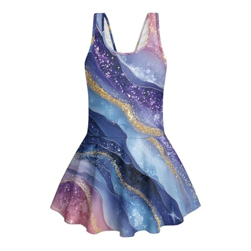 Wanyint Girls One Piece Swimsuit with Skirt, Scoop Neck & V Back Fashion Swimming Bathing Suit Sleeveless Summer Beach Swimwear for Kids Age 8-9, Purple Blue Gold Marble