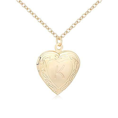 SENFAI Initial Alphabet Letter Heart Shaped Photo Frame Memory Locket Pendant Necklace 18 in (K, Gold-Plated-Stainless-Steel)