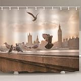 BOVZOX duschvorhang 120x180 Städte und Tauben Wasserdichter, Duschvorhang Badewanne, Waschbar Stoff Polyester Duschvorhänge mit 12 Duschvorhangringen, Beschwerter Saum