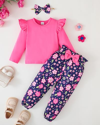 Image of YALLET 3Pcs Toddler Girl Clothes Solid Color Long Sleeves Ruffle Top+Floral Pants+Headband 1-6 Years Fall /Winter Outfits Set