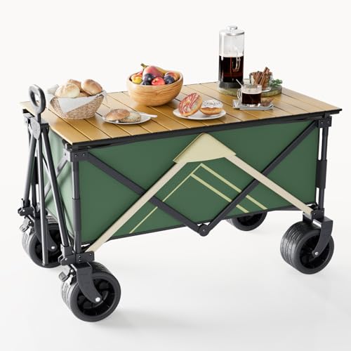 Maidapulu, Wagons Carts Foldable, Wagon with Table Top,Beach Wagon with Big Wheels for Sand,Camping Sports Garden Beach Grocery(Green)