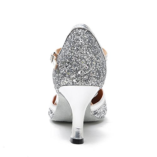 Minishion Women's T-Strap Dance Heels Glitter Salsa Ballroom Shoes Wedding Party Pumps L268 Silver US 6 - Thumbnail 4