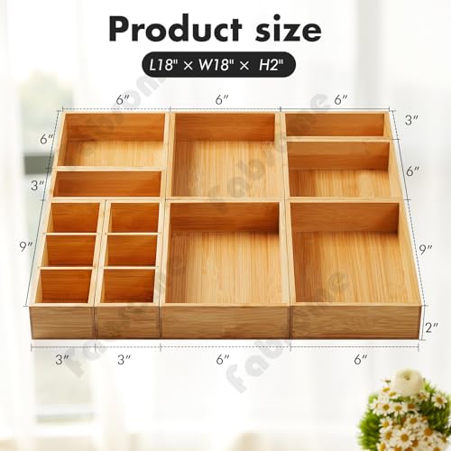 Image of Fabsome Drawer Organizer, Set of 9 Bamboo Wood Kitchen Makeup Desk Junk Tea Drawer Storage Boxes Bins for Cutlery Silverware Utensils Flatware, Small Wooden Container Tray for Bathroom, Office