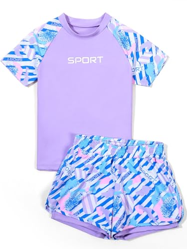 TiaoBug Kids Girls 2 Pieces Athletic Swimsuit Floral Short Sleeve Swim Top with Boyshorts Tankini3