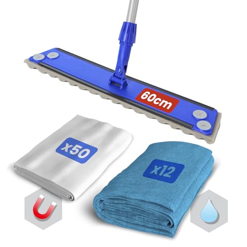 BLANCO PLATA - Pack de Mopa de Limpieza Suelos Palo+ Soporte +Recambio 50 gasas atrapapolvo Limpieza en seco + Recambio 12 mopas Microfibra Limpieza en húmedo. Todo Tipo de Suelos.