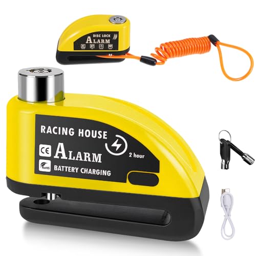 Motorbike Alarm Disc Brake Lock, 110dB Motorbike Disc Lock, High Security Rechargeable Motorbike Theft Protection with 5.9FT Reminder Cable, Motorcycle Bike, Bicycle, Scooter (Yellow)