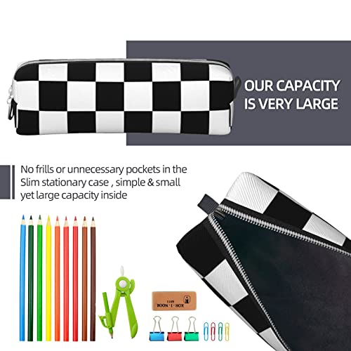 Image of Leather Pencil Case - Black White Race Checkered Flag Pattern, Stationery Bag Pen Organizer Makeup Cosmetic Holder Pouch for School Work Office College