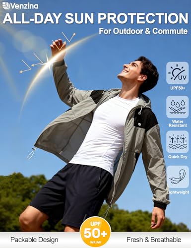 Image of Venzina Men's Slim-Fit Breathable Sun Hoodie -UPF 50+ Ultra-Lightweight Wind-Resistant Jacket with Visor, Color-Block Design, Black Cuffs & Adjustable Hem for Cycling,Commute,Outdoor