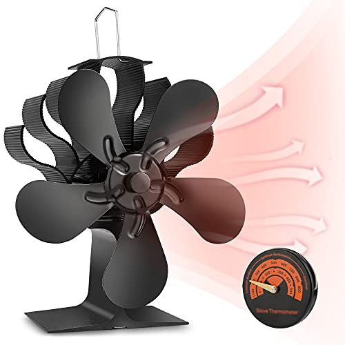 Wood Stove Fan, 5 Blade Fireplace Fan for Wood Burning Stove, Heat Powered Stove Fans for Pellet Stove with Thermometer, Ultra Quiet Circulating Warm Air Eco Heat Fan, Wood Stove Accessories