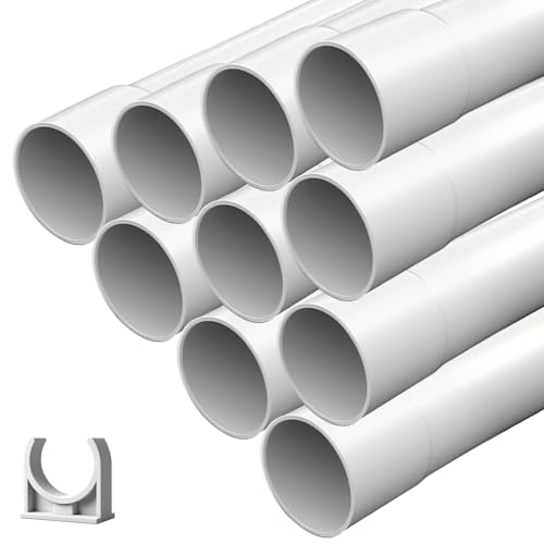 Tubo de instalación M32, manguito de instalación de 10 m, tubo de cable rígido de PVC, difícil, inflamable, tubo de cable con 20 abrazaderas de cable, tubo de 32 mm para instalación en superficie