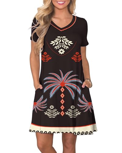 Image of COSSEN Women's Casual T Shirt Dress V-Neck Short Sleeves Swing Dresses Birthday Party Summer Travel Beach with Pocket