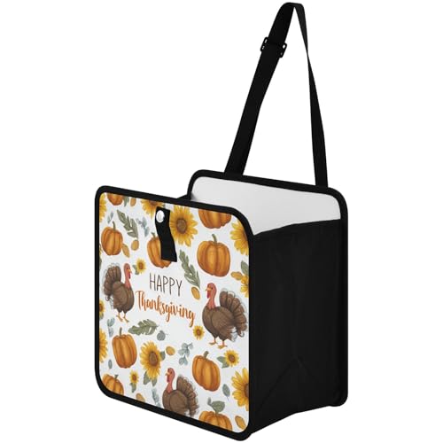 Image of Car Trash Can Organizer Bin with Adjustable Strap for Back Front Seat Console Waterproof Leakproof Collapsible Portable 11 Inch Thanksgiving Turkeys Sunflowers White