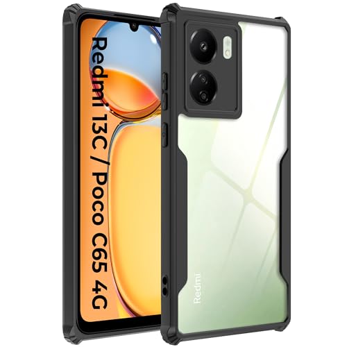 Image of A rtistque Clear Hard Transparent Acrylic Armor Back Cover Case for Redmi 13C 4G / Poco C65 4G | Shockproof TPU Edge Protection | Slim Protective Design | Redmi 13C Back Cover - Black