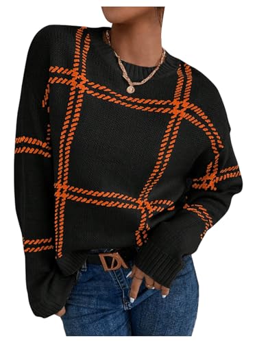 Image of MakeMeChic Women's Drop Shoulder Plaid Pattern Sweater Long Sleeve Round Neck Tops Casual Loose Pullovers Tops Black X-Small