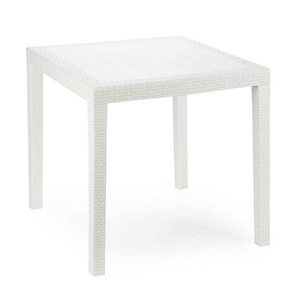 Kastamonu Plastik Mesa Cuadrada Plástico, Imitación Ratán, 90x90 cm, Mesa Exterior, Jardín (Blanco)
