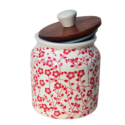 Image of Vistas 'Heritage Red' Airtight 420ml Set of 1 Ceramic Jar for Kitchen Storage | Handcrafted Ceramic Barni with Wooden Lid | Multipurpose Pickle, Spice & Salt Container