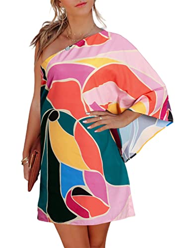 Berrygo Women's One Shoulder Batwing Cape Mini Dress Summer Going Out Loose Casual Club Dress Pink L #TOP15