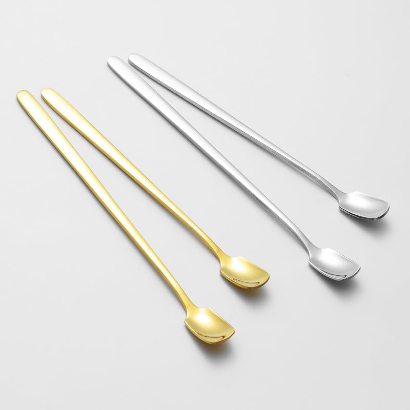 Silverware Set, 1/4/6/8/10 Pieces 304 Stainless Steel Square Head Long Handle Mixing Spoon Creative Mixing Spoon Coffee Spoon Bar Mixing Spoon(10Pcs)