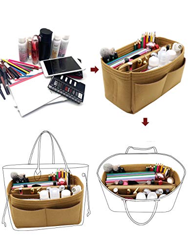 Image of Felt Purse Insert Handbag Organizer Bag in Bag Organizer with zipper Bag Tote Shaper for Speedy Neverfull 8021 Light Brown M
