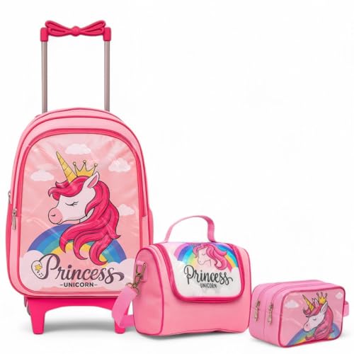 Kit Mochila de Rodinha Escolar Unicornio Princesa Infantil Feminino + Lancheira Transversal + Estojo Duplo Menina