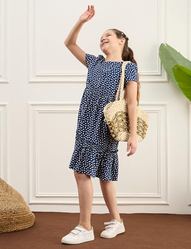 Image of Amazon Brand - Symbol Girl's Rayon Fit and Flare Kids Knee Length Printed Casual Dress (KD-DRG-SS25-123 Navy + Pink 8-10 Years)
