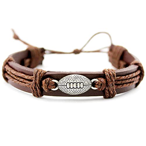 Kicomvi Sports Football Leather Bracelet Tennis Racket Basketball Soccer Baseball Volleyball Charm Warp Bracelet Handmade Braided Leather Rope Bangle for Women Men Sports Fans Jewelry (football)
