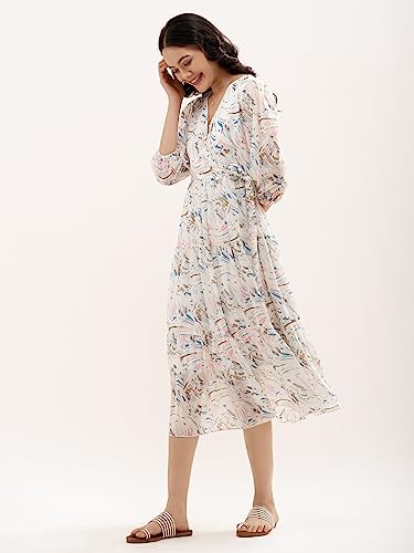 Image of AASK Abstract Printed Puff Sleeve Gathered Detailed Fit Flare Dress