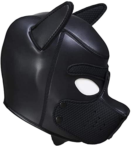 YiQin RWSX Hundemaske, Weiche Latex Petplay Hundemaske mit Ohren Welpenmaske Hunde Masken, Abnehmbarer Mund, Geeignet für Halloween, Urlaubsparty (X-Large, Black)