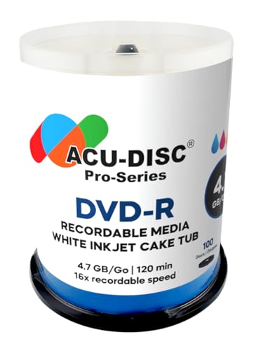 ACU-DISC Pro-Series DVD-R Blank 16x 4.7GB 120 Mins Full Face Brilliant White Inkjet Printable Blank Discs CakeTub 17615 - 100 Pack