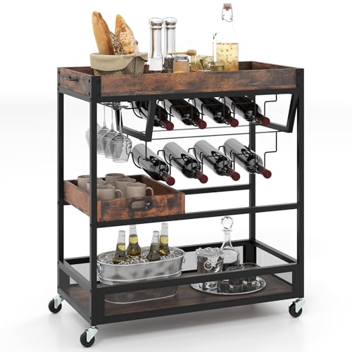 GIANTEX Chariot de Service à 3 Niveaux, Desserte de Cuisine avec Casier à Vin, Porte-Verres, Plateau Amovible, Cadre en Métal, Chariot de Rangement à 3 Niveaux, pour Salle à Manger, Salon